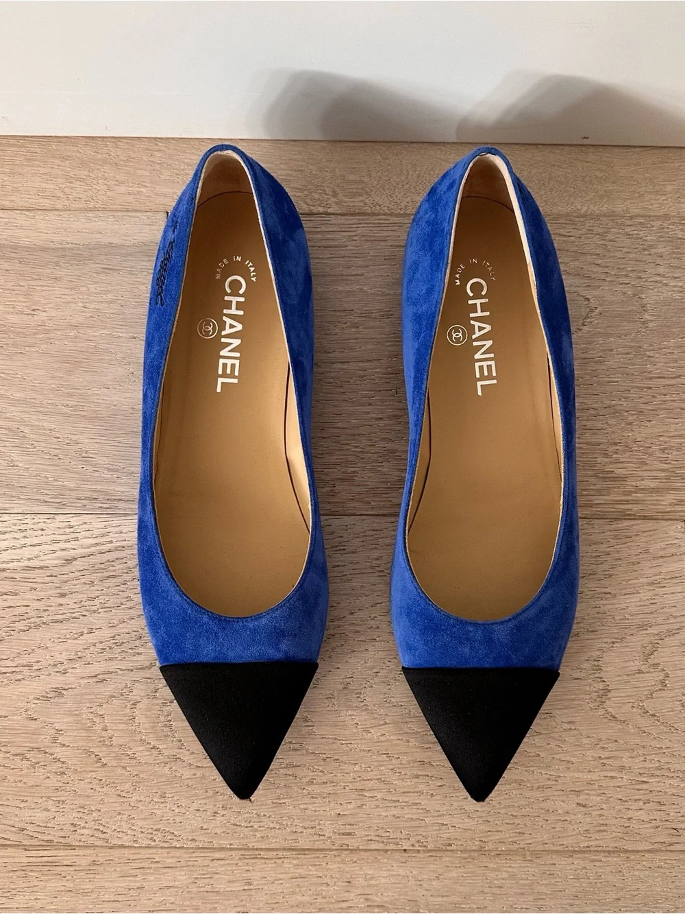 CHANEL Royal Blue Suede Pointed Flats with Black Satin Toe
